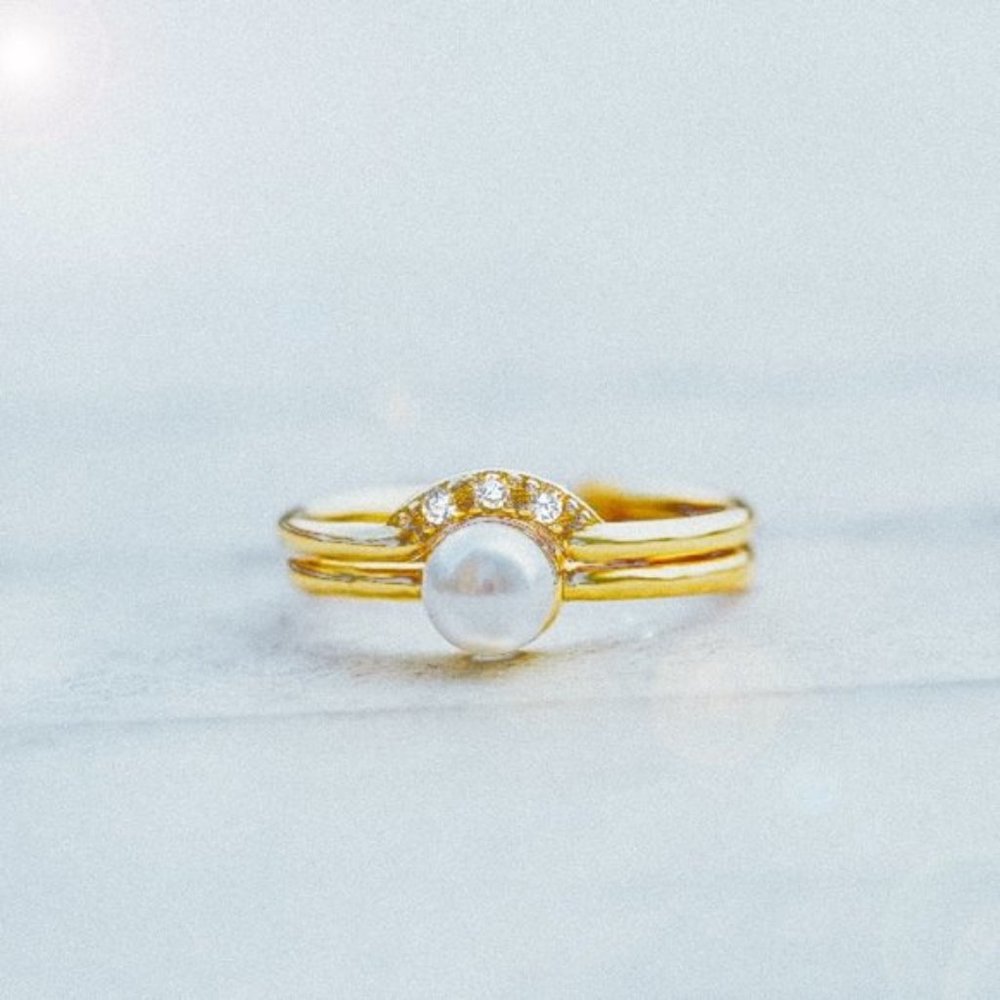 Gold Vermeil Double Layered Pearl Ring CZ Ring for Her Dainty Ring  for Her